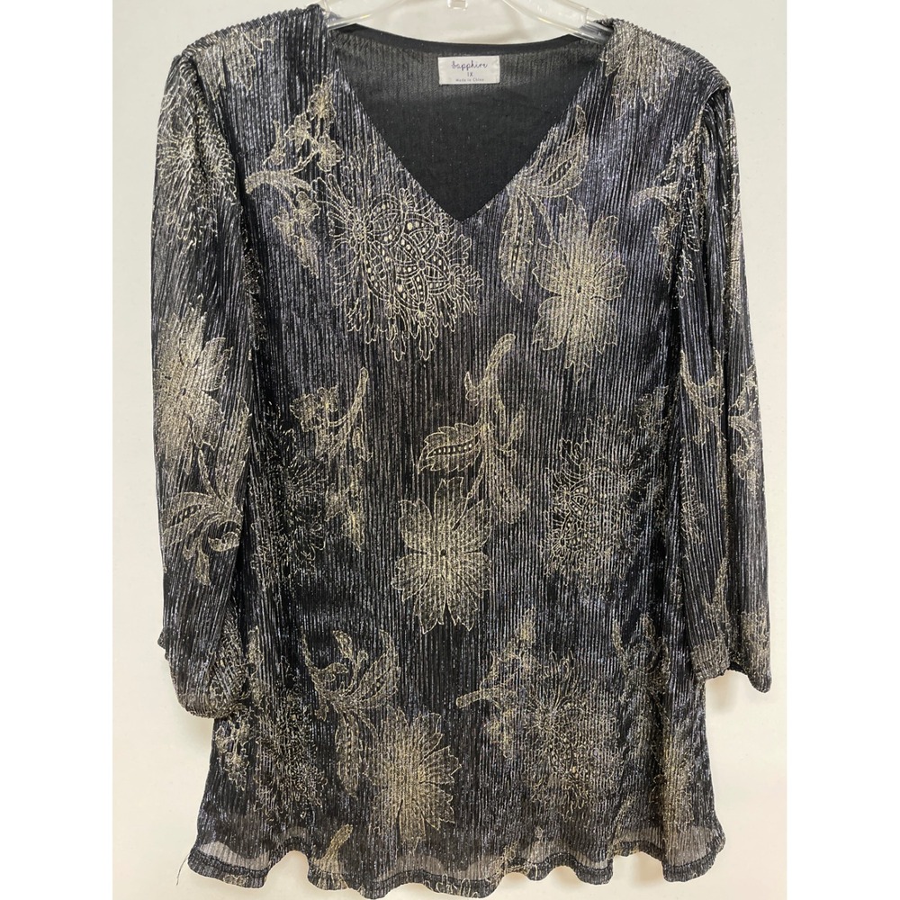 Sapphire Womens 1X Black Gold Metallic Floral Plisse V-Neck Blouse 3/4 Sleeve